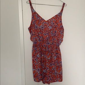 Lace up back, orange and blue floral romper